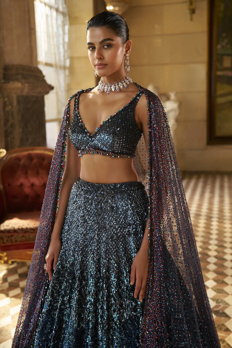 Midnight Blue Lehenga with All-Over Sequin Embroidery and Embellished Blouse