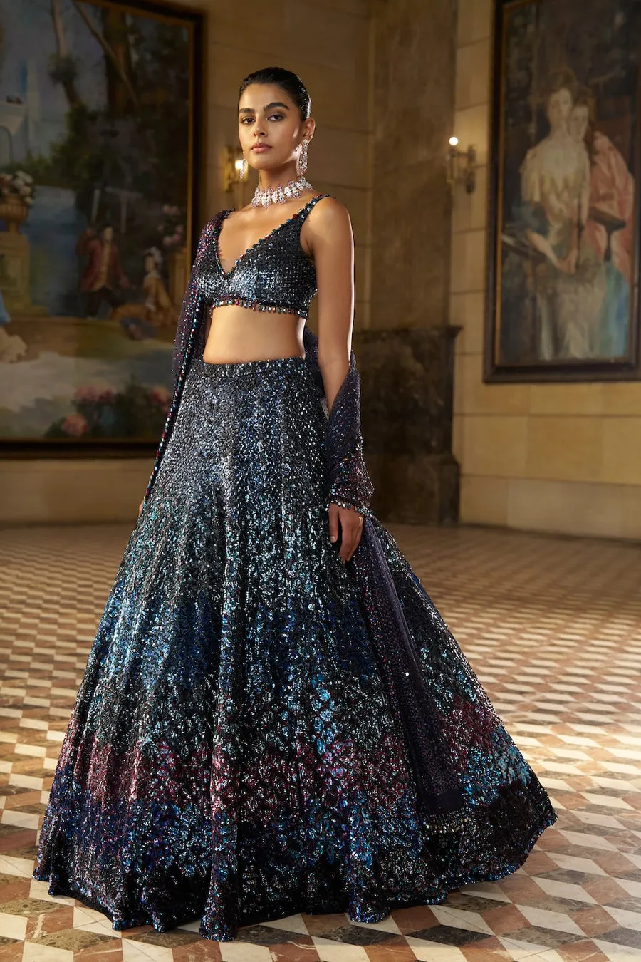 Midnight Blue Lehenga with All-Over Sequin Embroidery and Embellished Blouse
