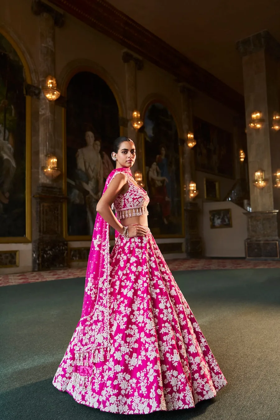 Rani Pink Lehenga with Ivory Floral Embroidery and Tassel-Edged Blouse