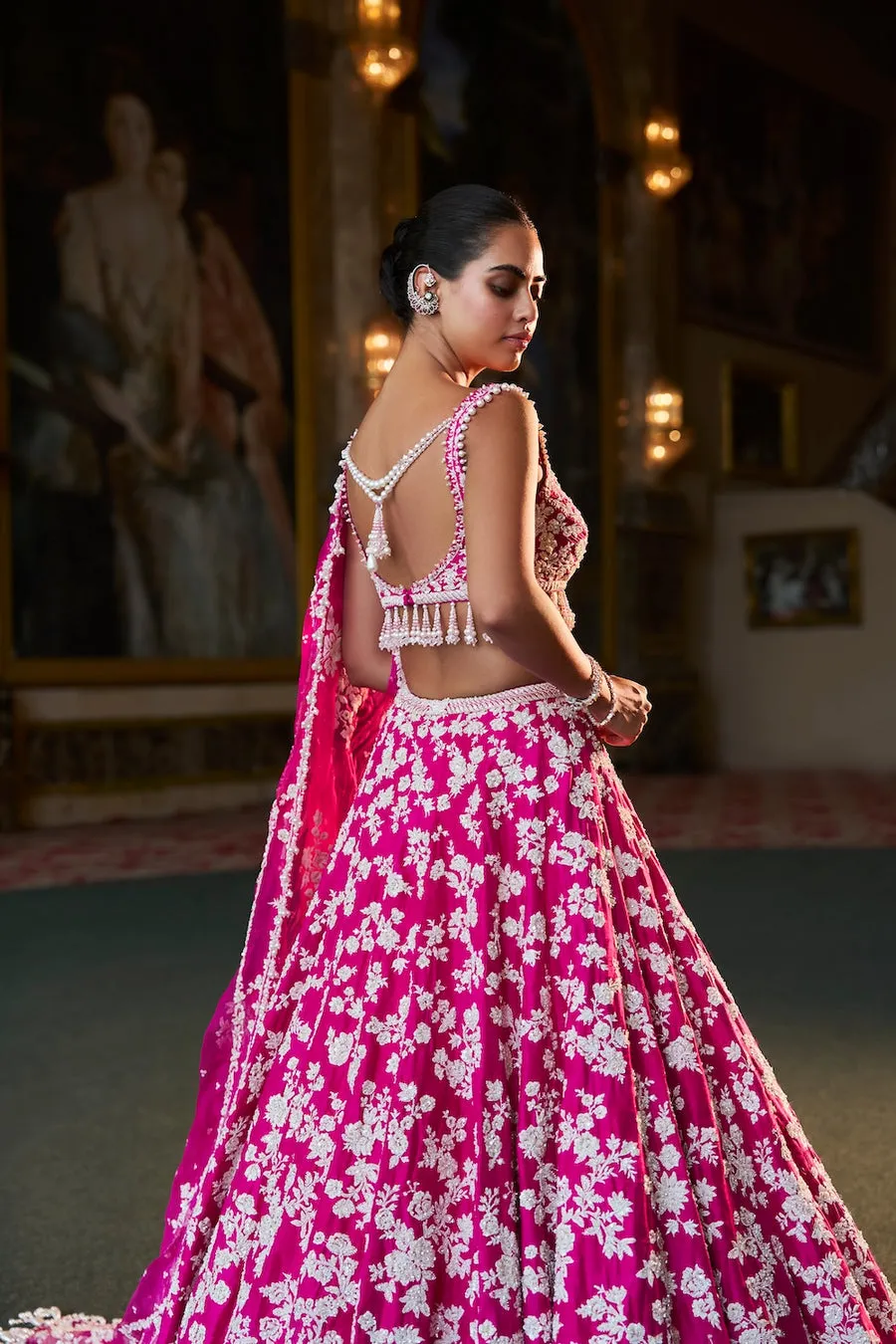 Rani Pink Lehenga with Ivory Floral Embroidery and Tassel-Edged Blouse