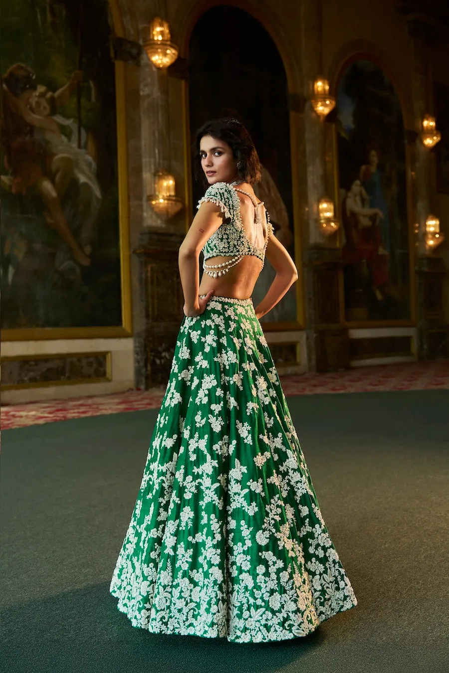 Emerald Green Lehenga with Ivory Floral Embroidery and Embellished Blouse