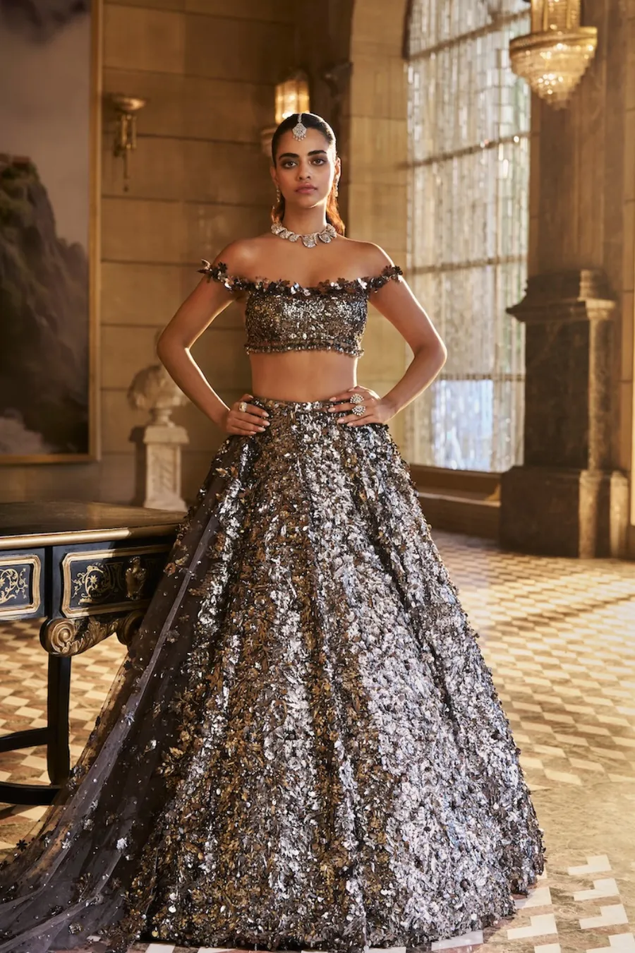 Charcoal Black Lehenga with Metallic Sequin Embroidery and Off-Shoulder Blouse