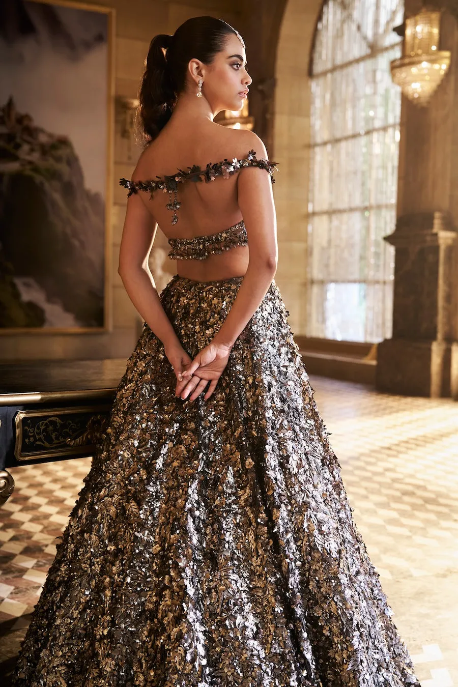 Charcoal Black Lehenga with Metallic Sequin Embroidery and Off-Shoulder Blouse