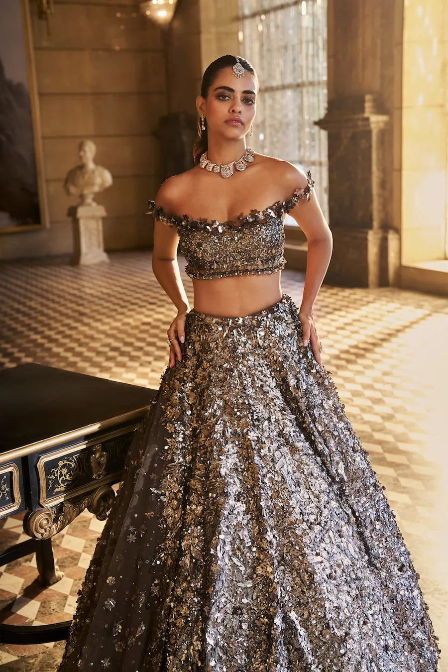 Charcoal Black Lehenga with Metallic Sequin Embroidery and Off-Shoulder Blouse