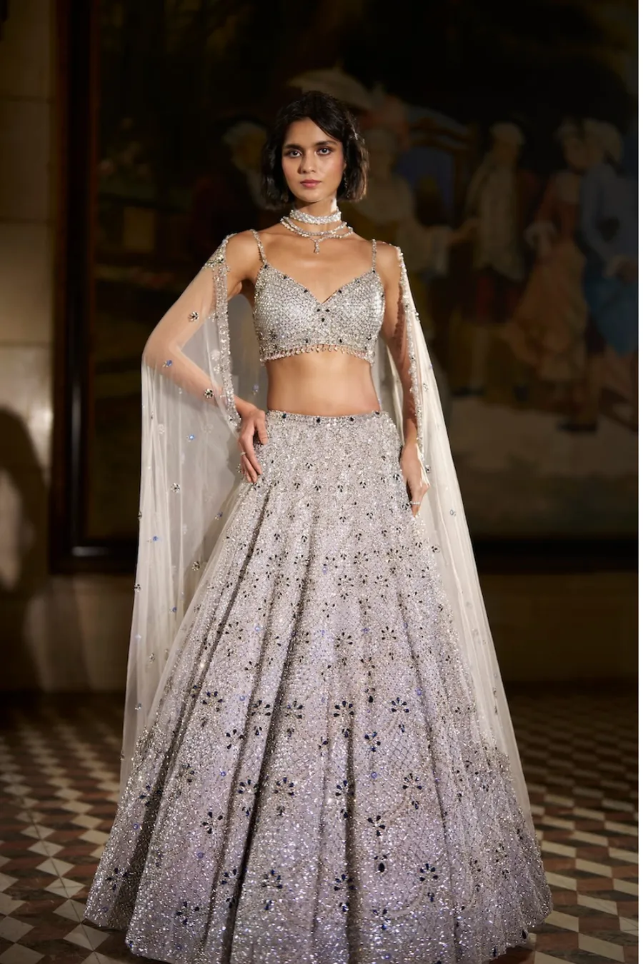 Silver Grey Lehenga with All-Over Sequin Embroidery and Crystal-Embellished Blouse