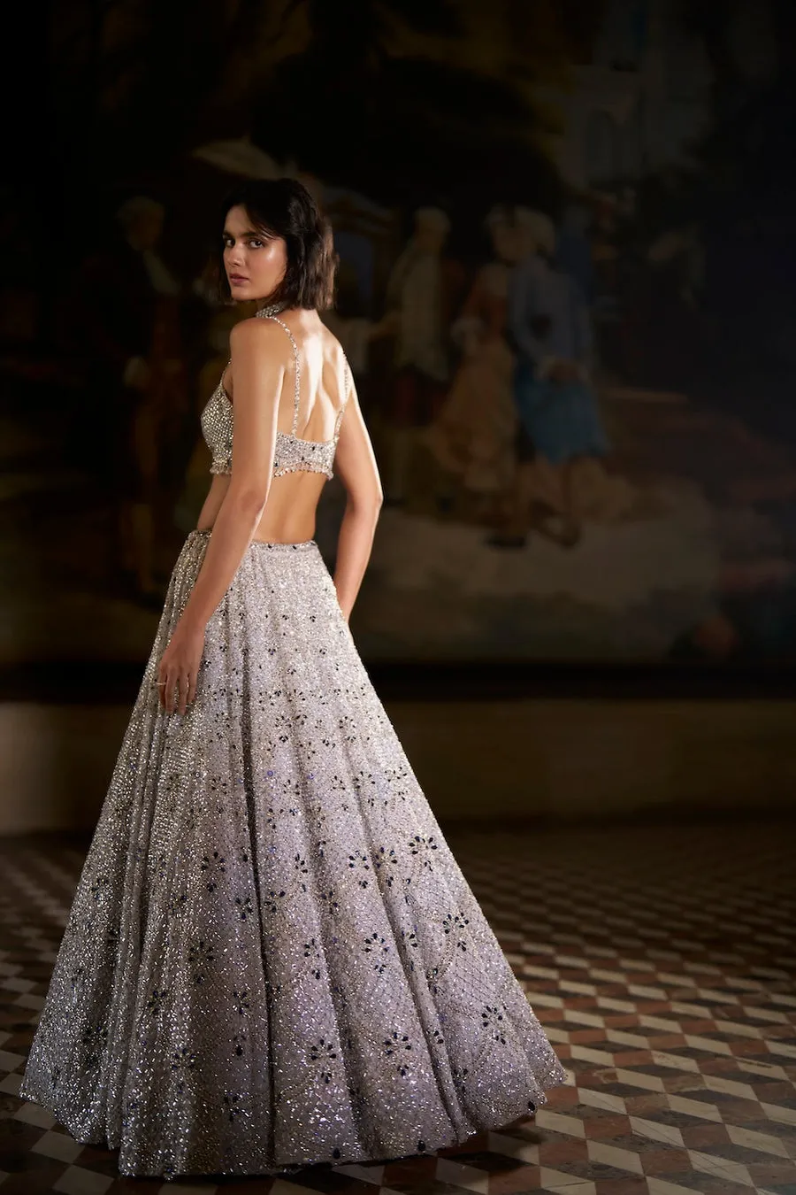 Silver Grey Lehenga with All-Over Sequin Embroidery and Crystal-Embellished Blouse