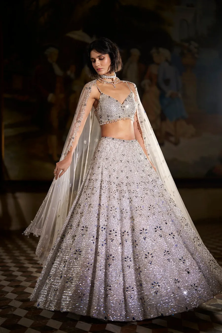 Silver Grey Lehenga with All-Over Sequin Embroidery and Crystal-Embellished Blouse