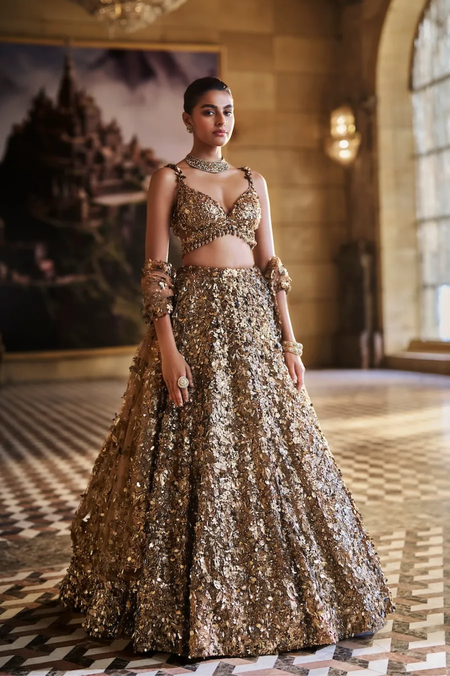 Antique Gold Lehenga with Heavy Sequin and Textured Handwork