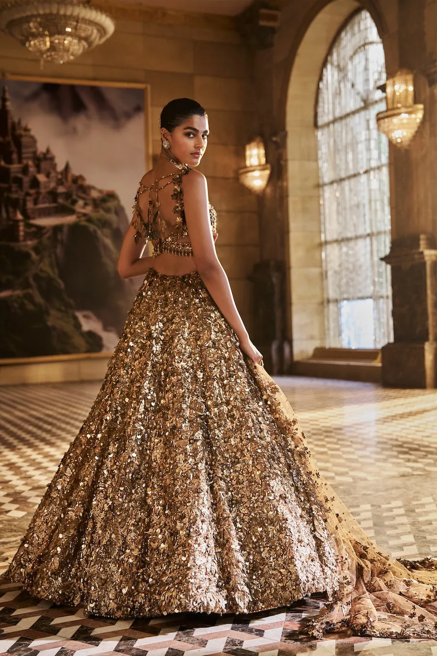 Antique Gold Lehenga with Heavy Sequin and Textured Handwork