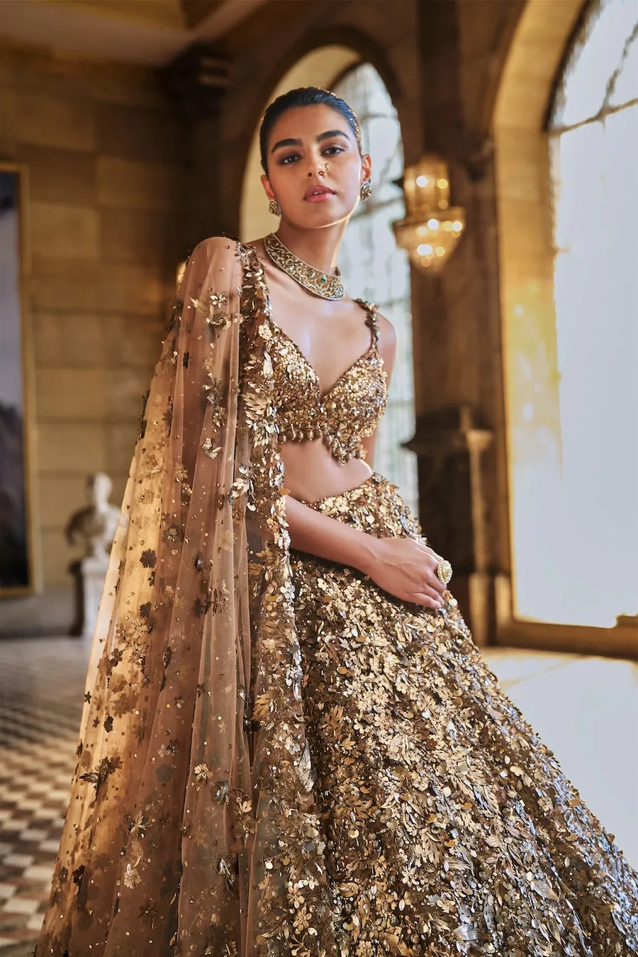 Antique Gold Lehenga with Heavy Sequin and Textured Handwork