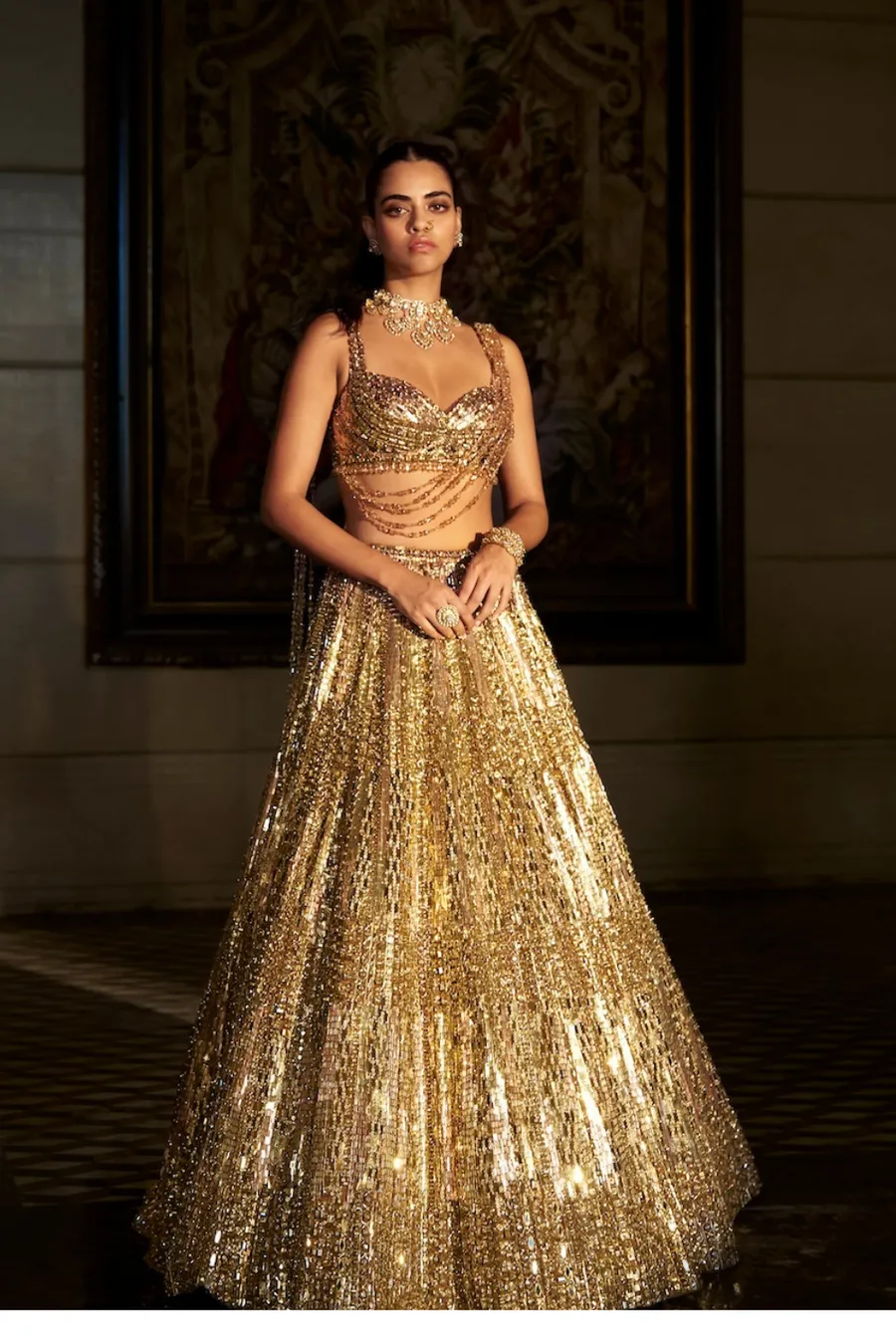 Molten Gold Lehenga with Linear Sequin Embellishment and Draped Chain Blouse