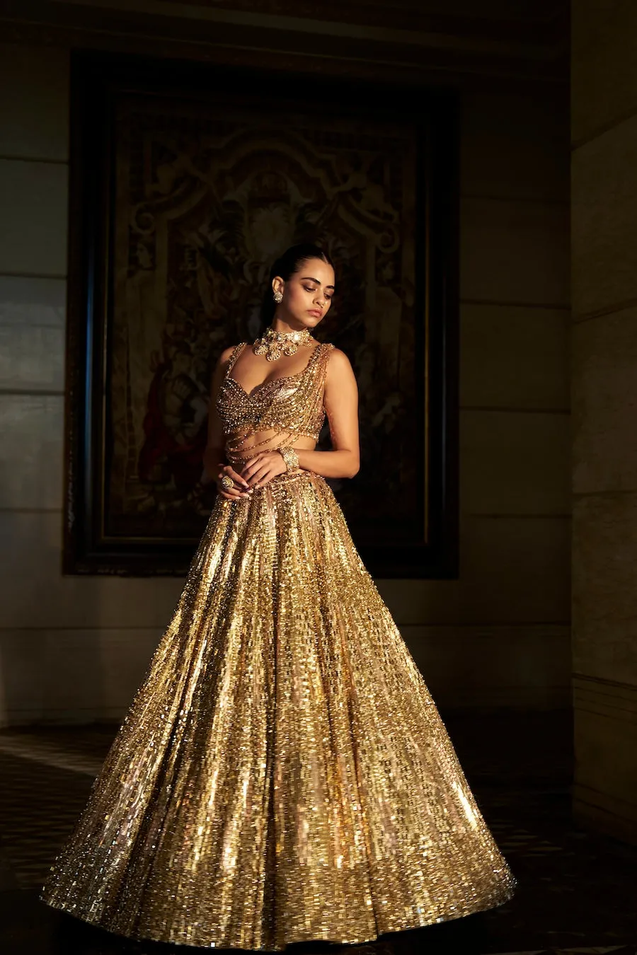 Molten Gold Lehenga with Linear Sequin Embellishment and Draped Chain Blouse