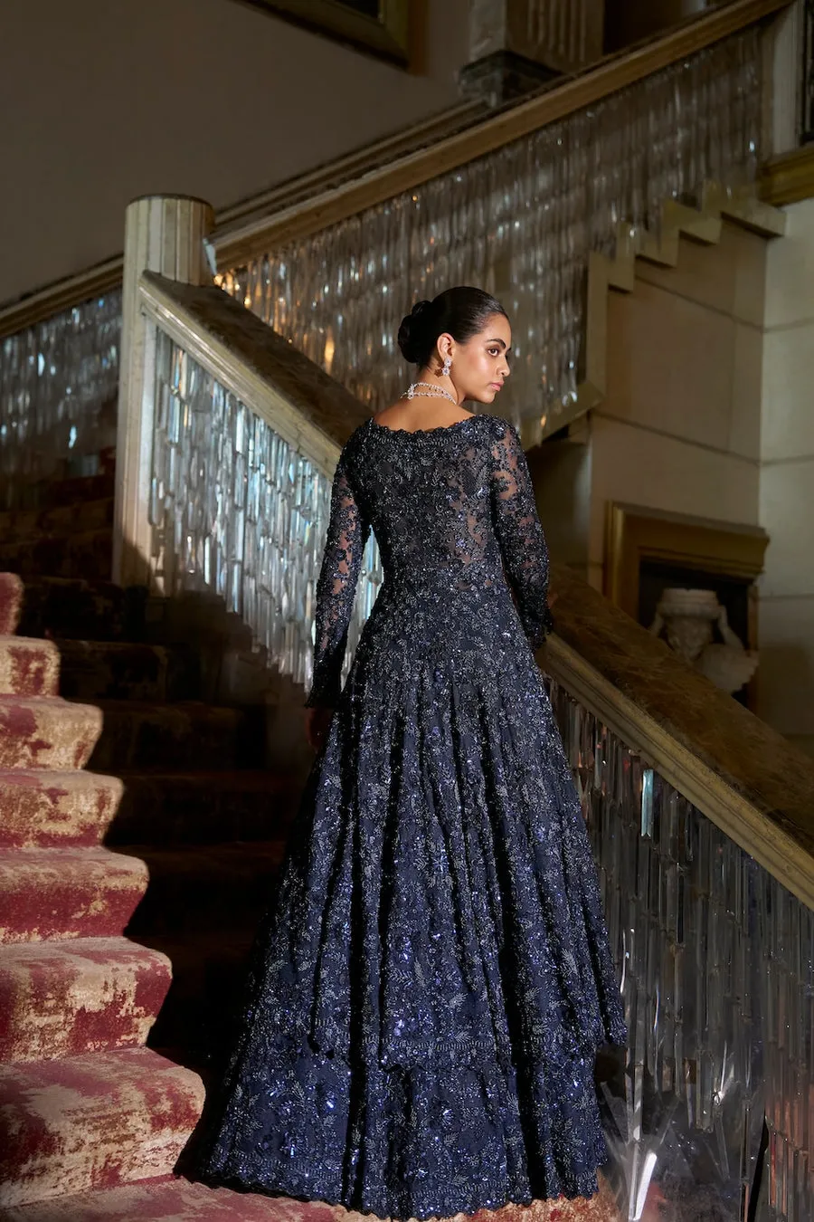 Midnight Navy Gown with All-Over Sequin Embroidery and Sheer Sleeves