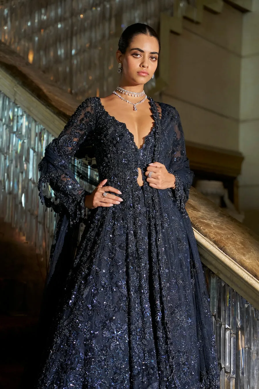 Midnight Navy Gown with All-Over Sequin Embroidery and Sheer Sleeves