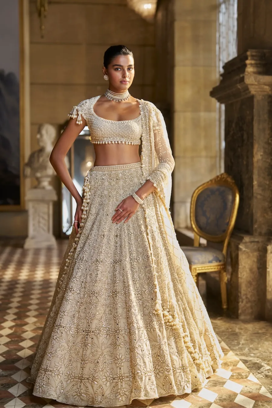 Ivory Lehenga with Intricate Pearl and Thread Embroidery