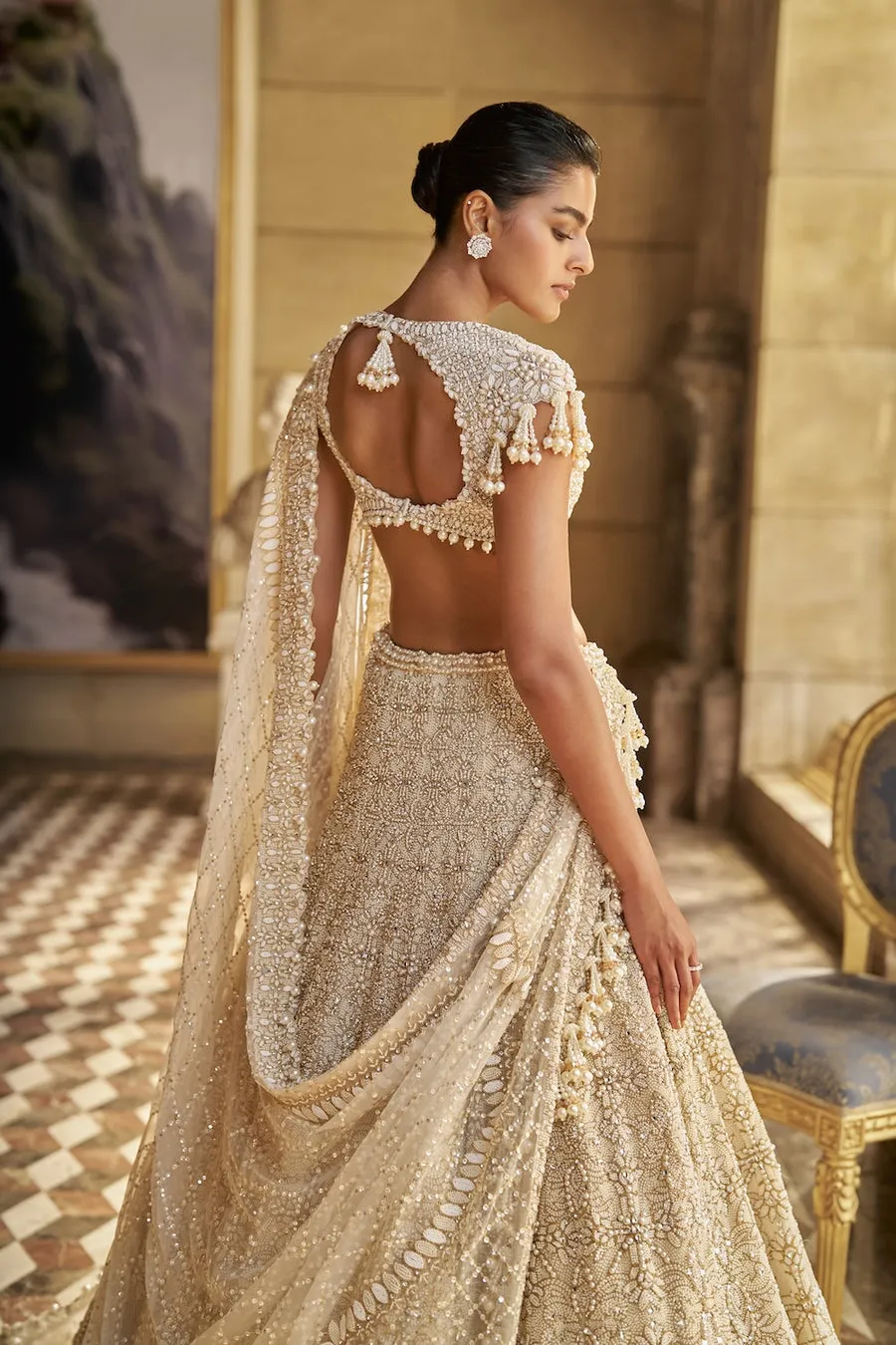 Ivory Lehenga with Intricate Pearl and Thread Embroidery