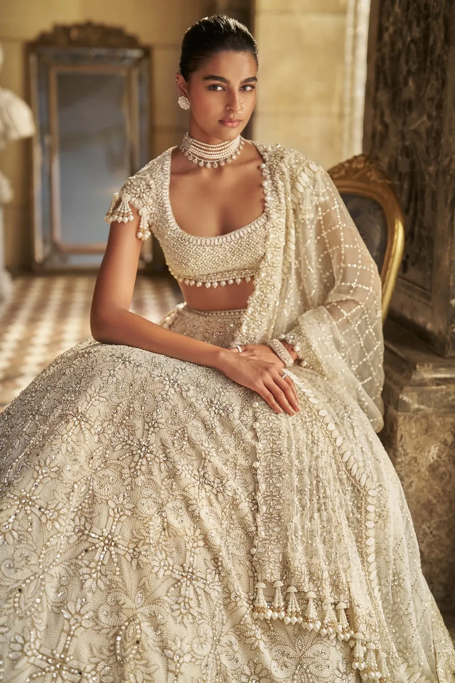 Ivory Lehenga with Intricate Pearl and Thread Embroidery
