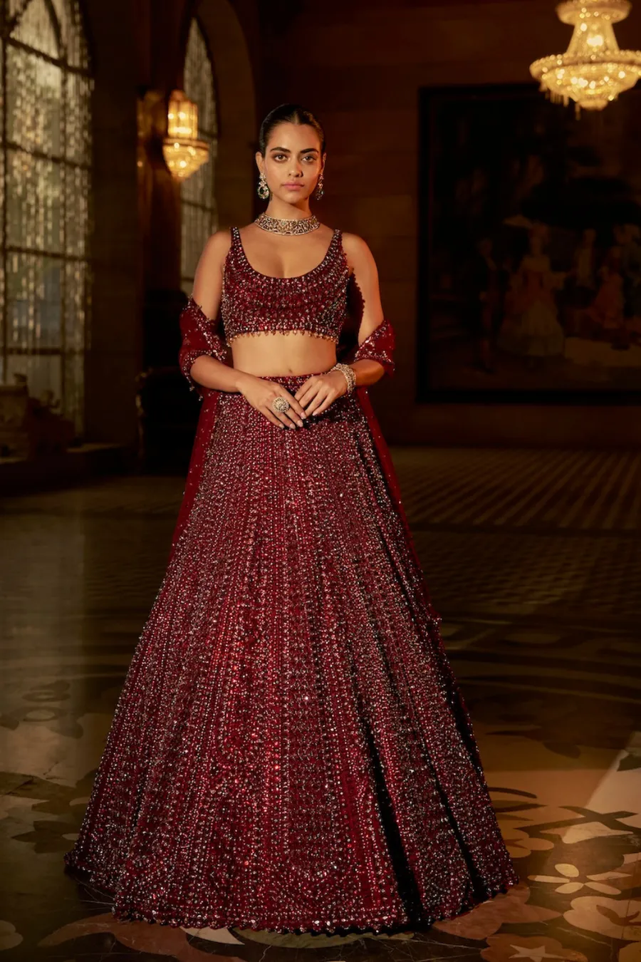 Deep Maroon Lehenga with All-Over Sequin Embroidery and Embellished Blouse