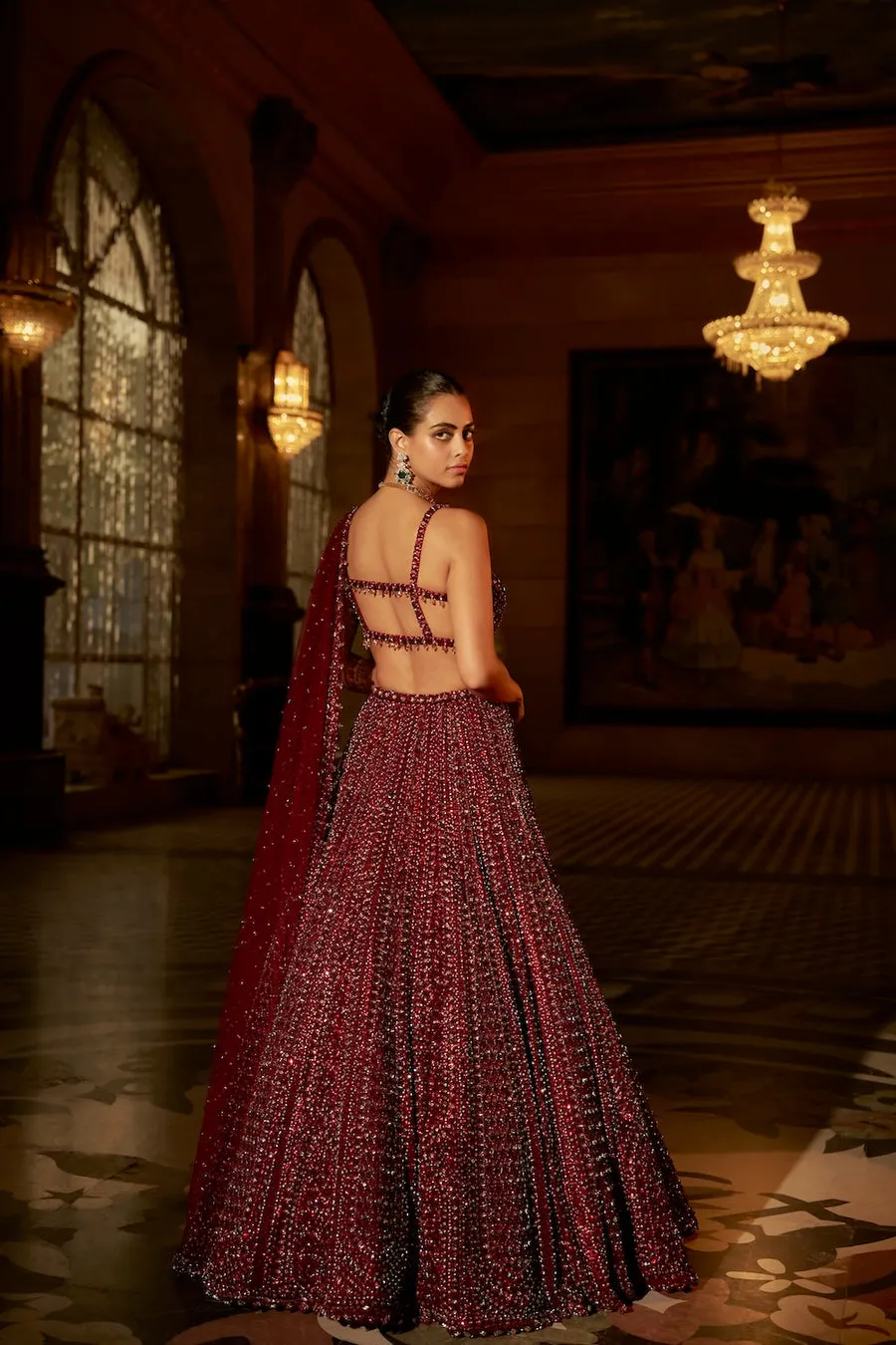 Deep Maroon Lehenga with All-Over Sequin Embroidery and Embellished Blouse