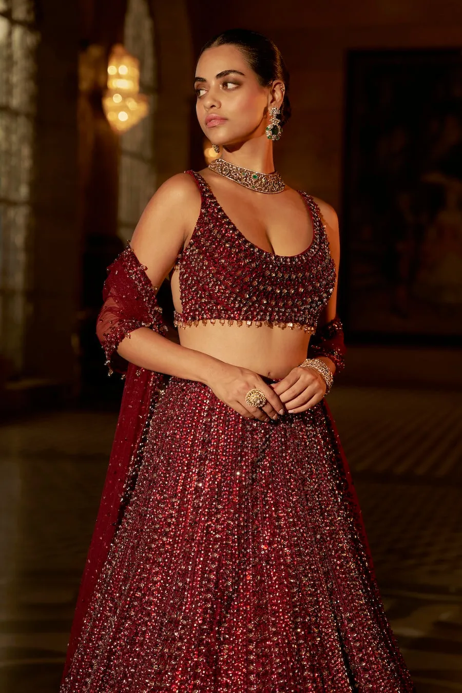 Deep Maroon Lehenga with All-Over Sequin Embroidery and Embellished Blouse