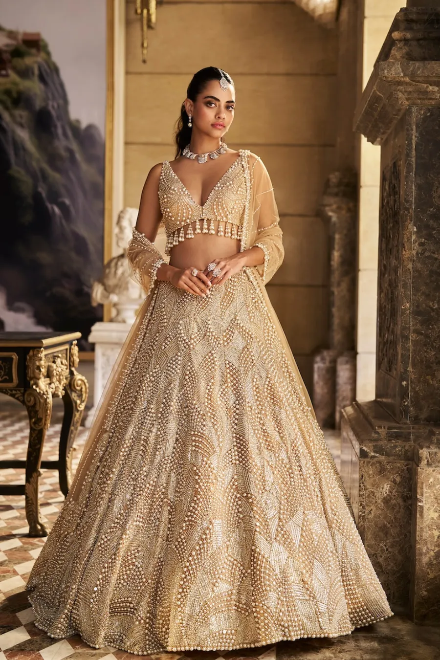 Champagne Gold Lehenga with Pearl-Encrusted Embroidery and Beaded Blouse