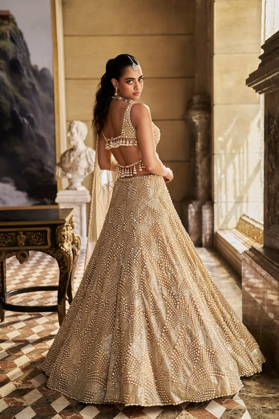 Champagne Gold Lehenga with Pearl-Encrusted Embroidery and Beaded Blouse