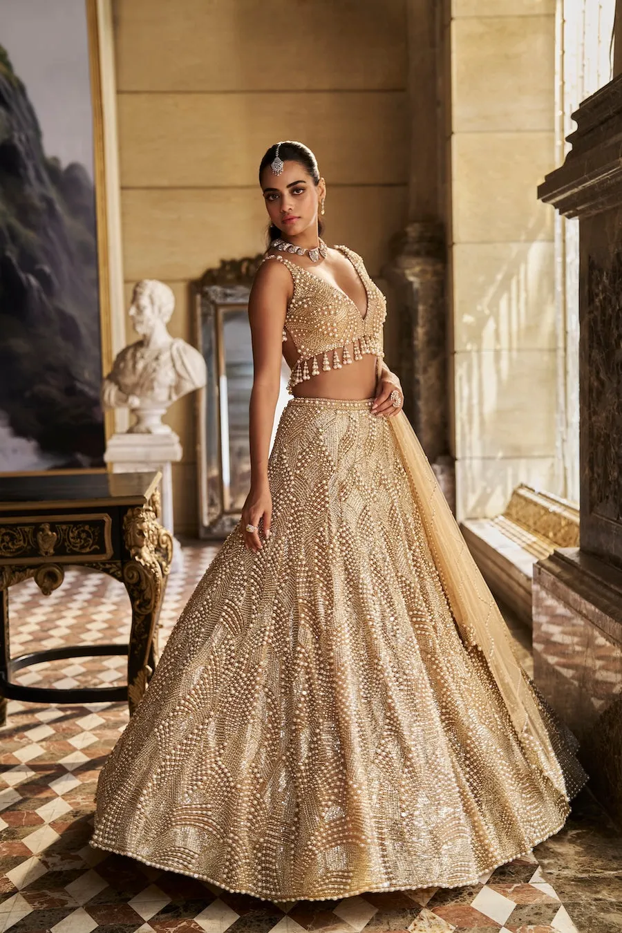 Champagne Gold Lehenga with Pearl-Encrusted Embroidery and Beaded Blouse