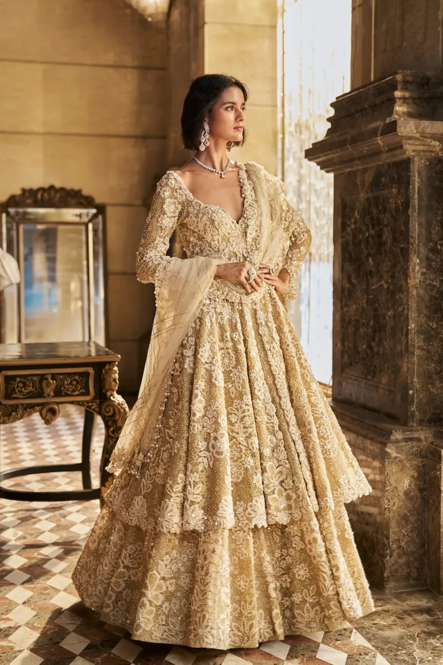 Antique Ivory Lehenga with Heavy Floral Zardozi and Sequin Embroidery