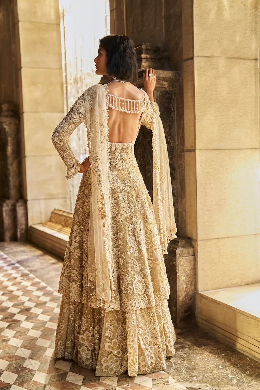 Antique Ivory Lehenga with Heavy Floral Zardozi and Sequin Embroidery