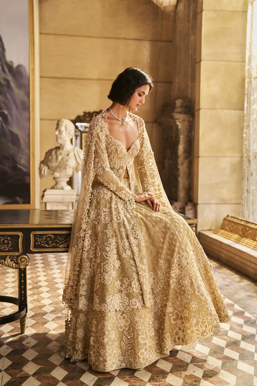Antique Ivory Lehenga with Heavy Floral Zardozi and Sequin Embroidery