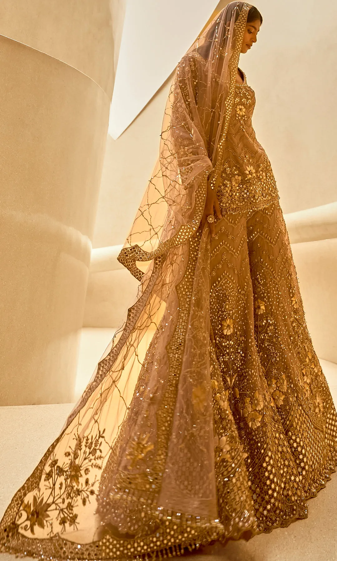 Antique Gold Lehenga with Dense Zardozi, Mirrorwork, and Floral Hand Embroidery