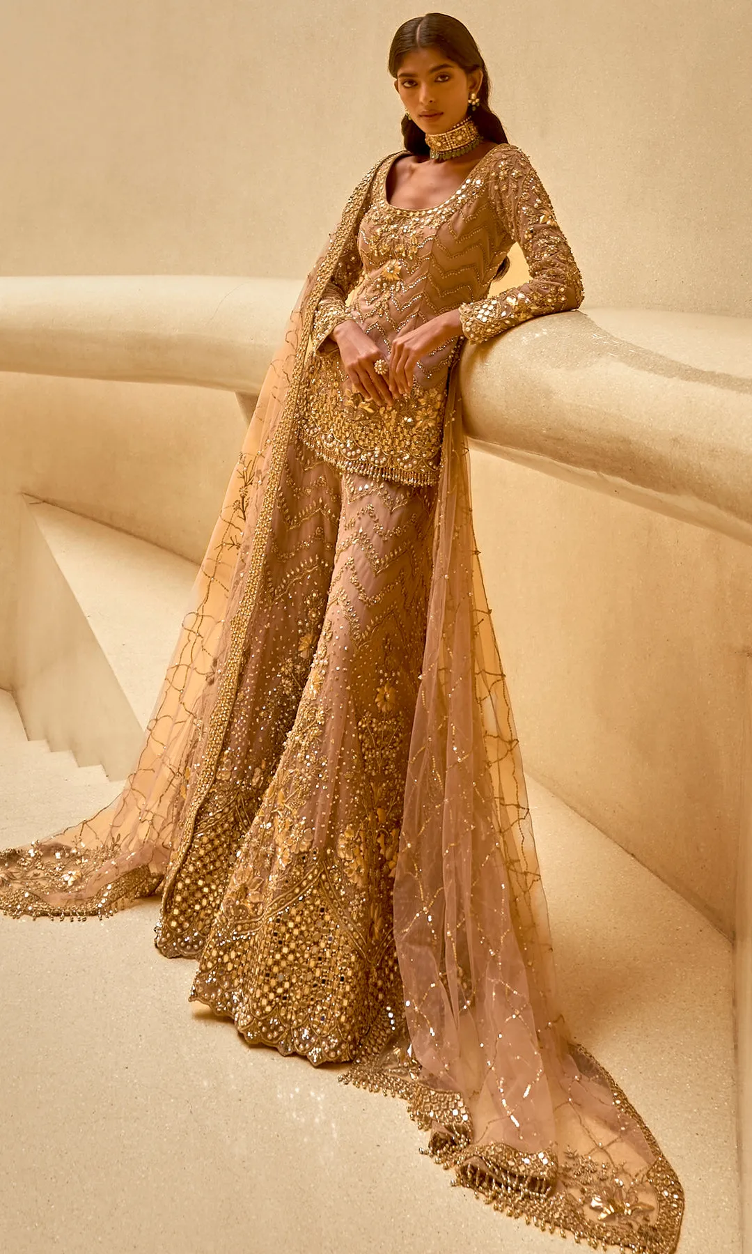 Antique Gold Lehenga with Dense Zardozi, Mirrorwork, and Floral Hand Embroidery