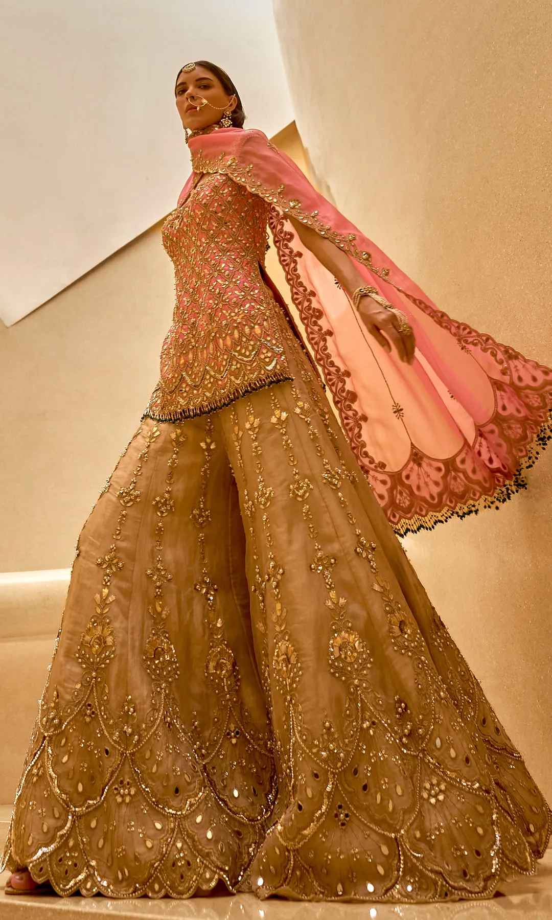 Blush Peach Lehenga with Intricate Zardozi, Mirrorwork, and Sequin Embroidery