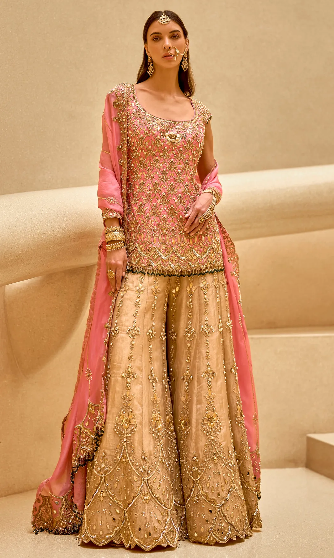 Blush Peach Lehenga with Intricate Zardozi, Mirrorwork, and Sequin Embroidery