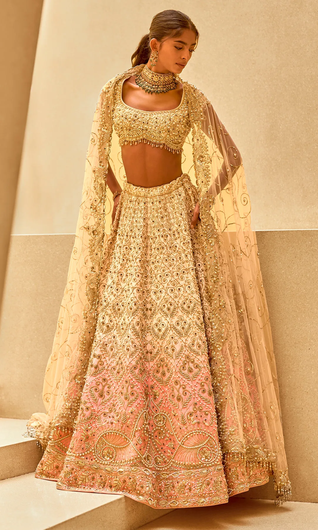 Ombre Blush and Gold Lehenga with Intricate Zardozi and Sequin Embroidery