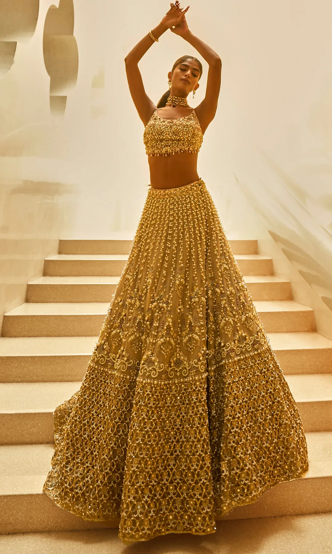 Antique Gold Lehenga with Vertical Sequin Trails and Ornate Hand Embroidery