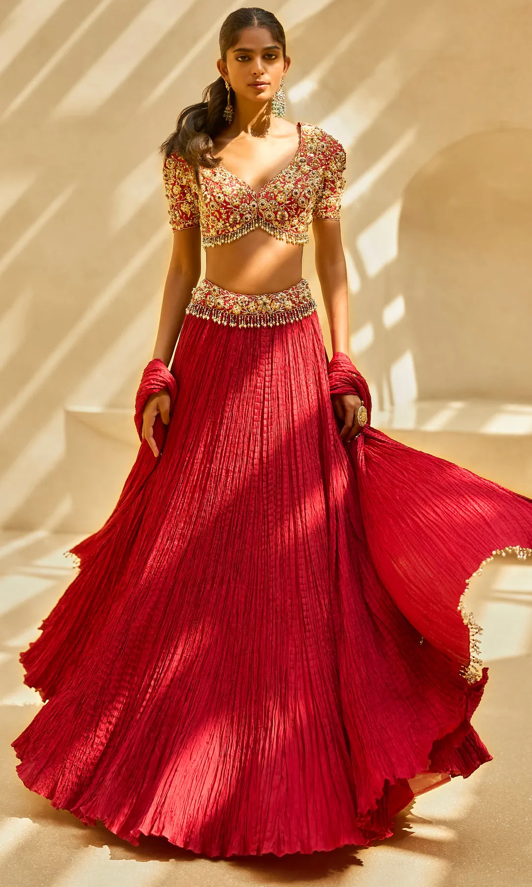 Crimson Pleated Lehenga with Gold Embroidered Blouse