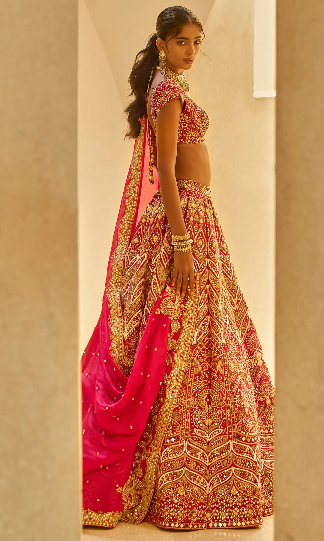 Deep Crimson Lehenga with All-Over Gold Chevron Zardozi Work