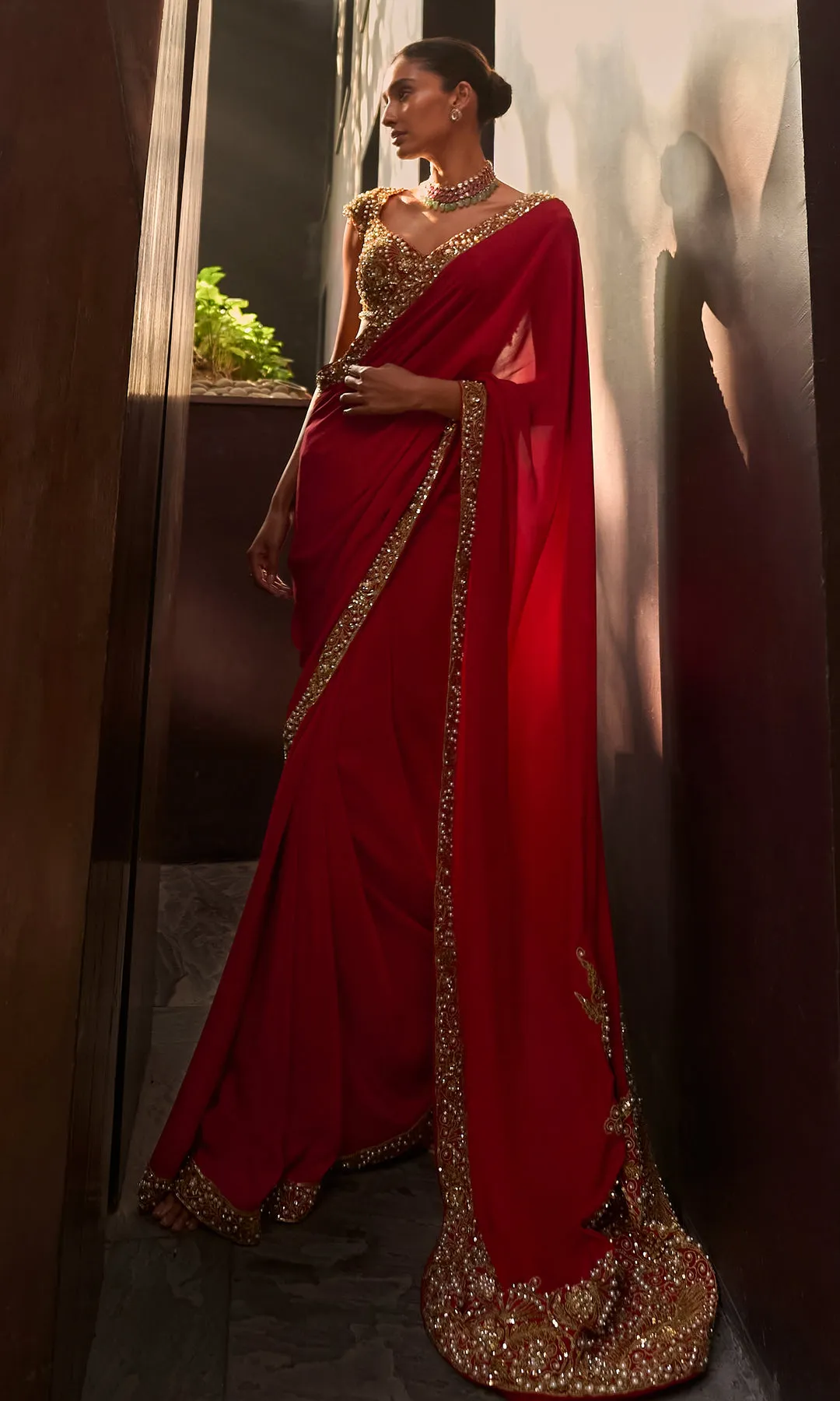 Classic Red Sari with Gold Embellished Border and Blouse