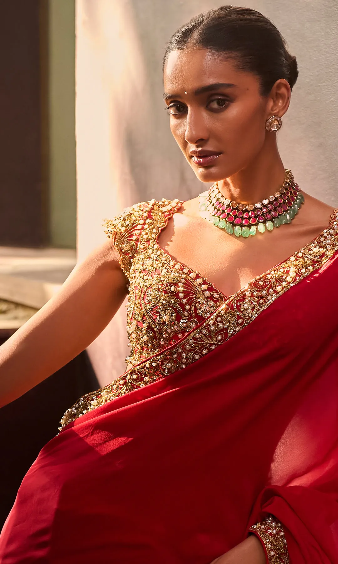 Classic Red Sari with Gold Embellished Border and Blouse