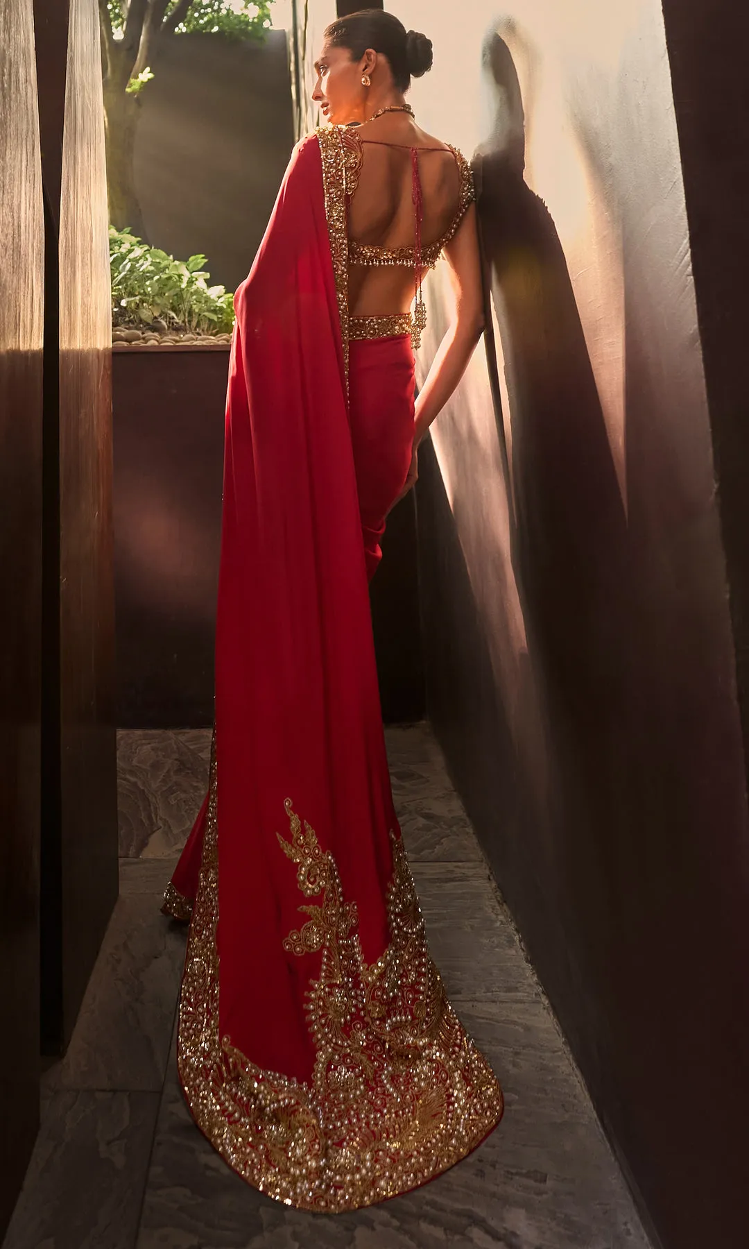 Classic Red Sari with Gold Embellished Border and Blouse