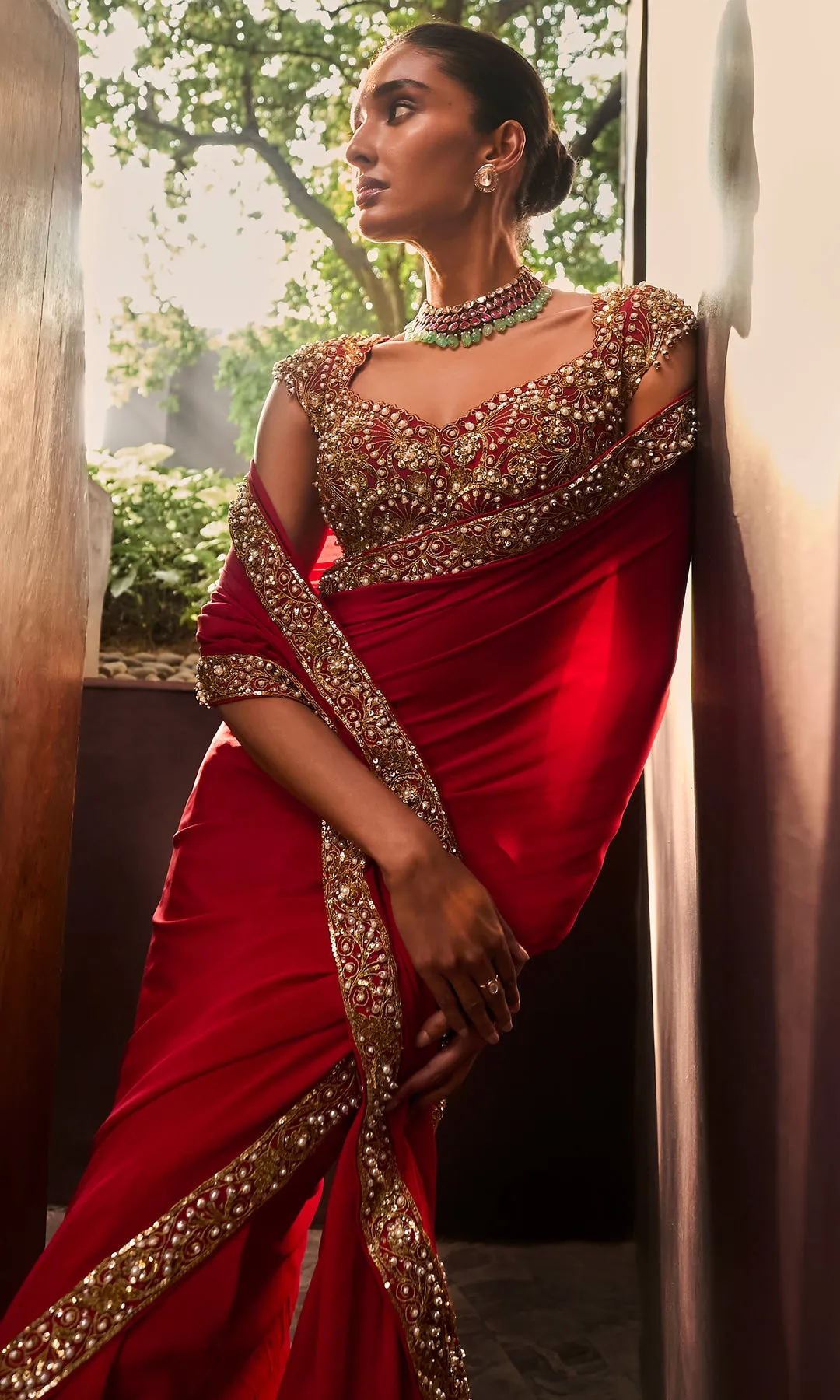 Classic Red Sari with Gold Embellished Border and Blouse