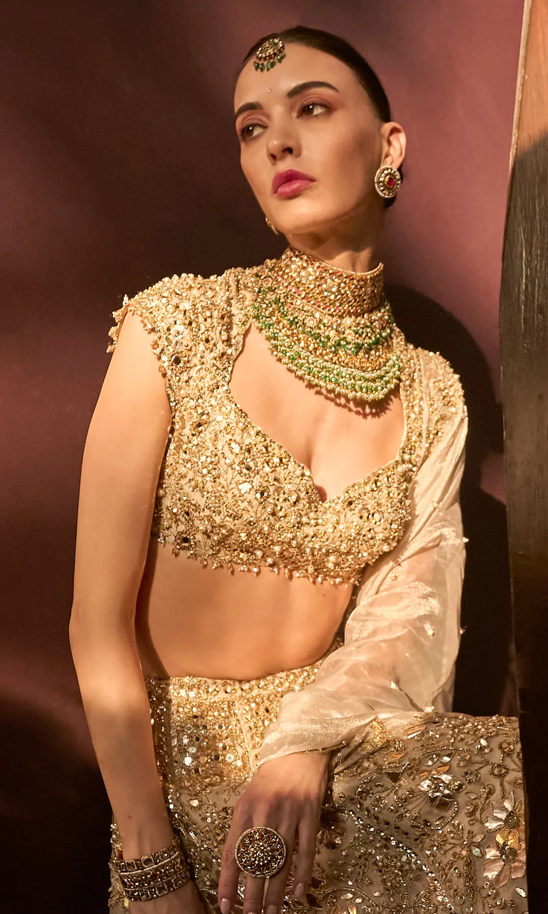 Champagne Gold Bridal Lehenga with Mirrorwork, Crystal Embellishment and Sheer Veil Dupatta