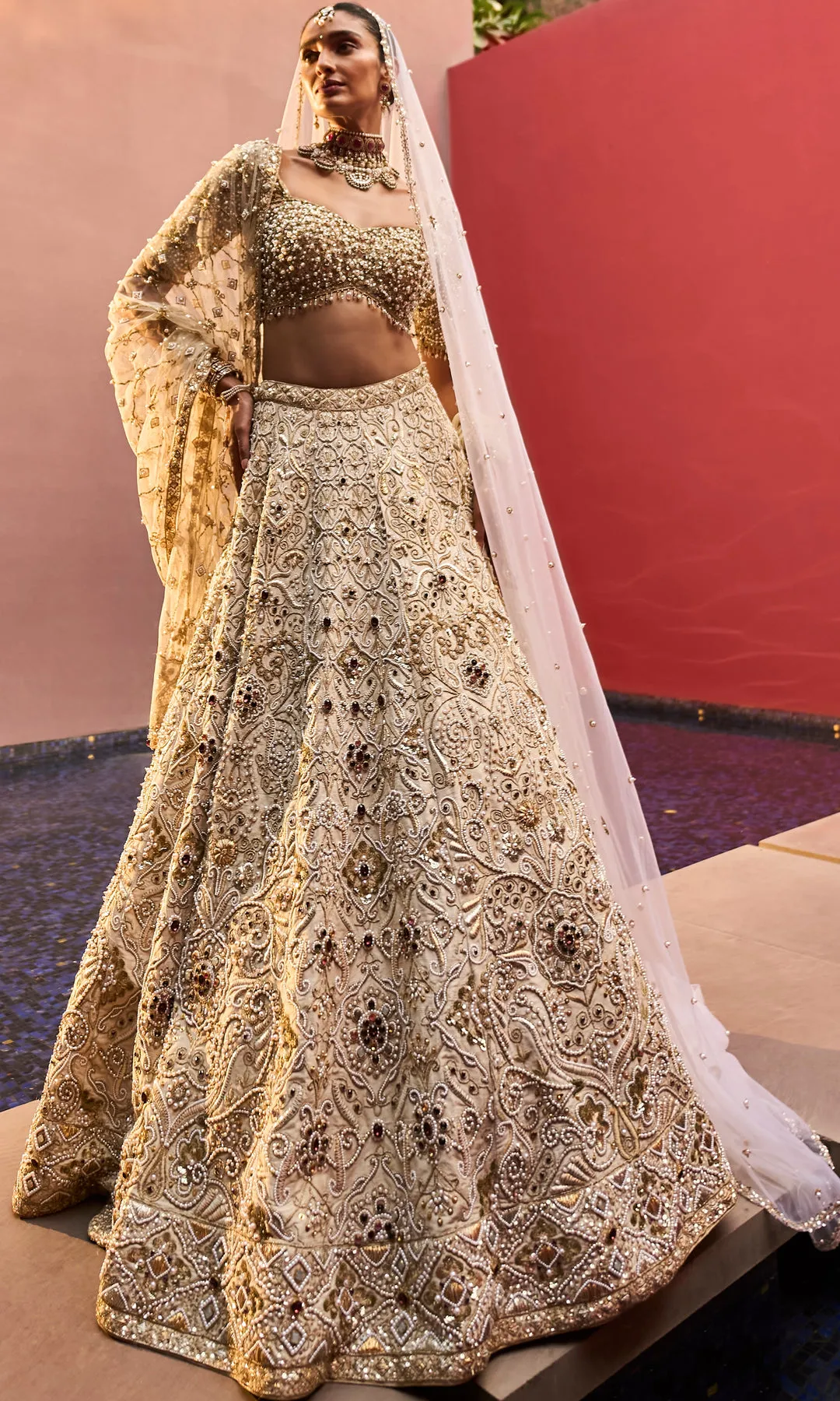 Antique Gold Bridal Lehenga with Intricate Heirloom Embroidery