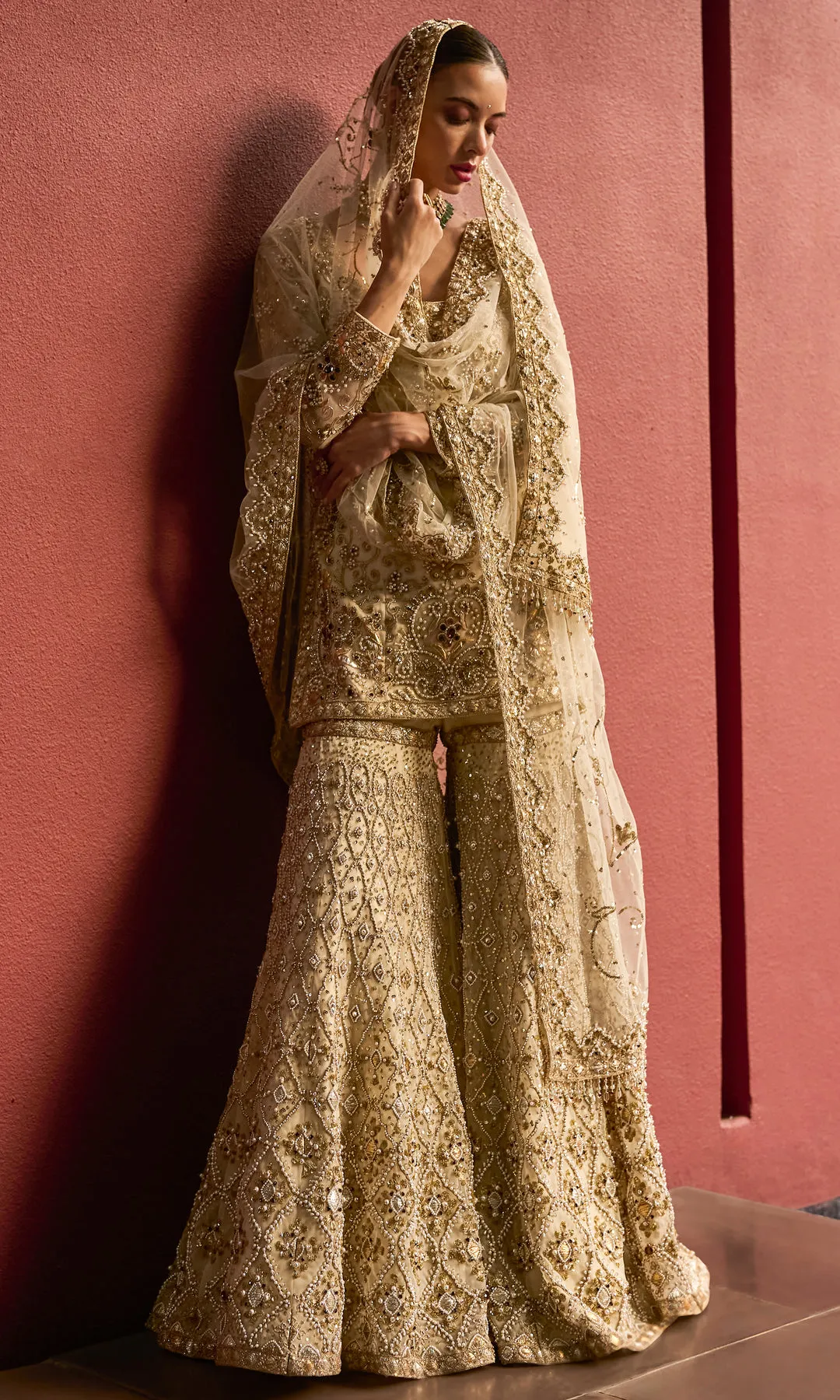 Antique Gold Bridal Sharara with Heirloom Hand Embroidery