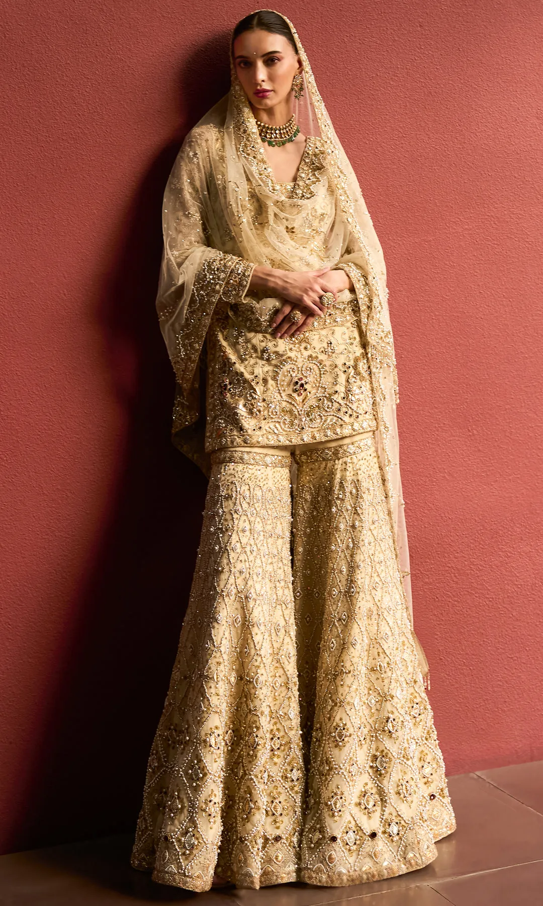 Antique Gold Bridal Sharara with Heirloom Hand Embroidery