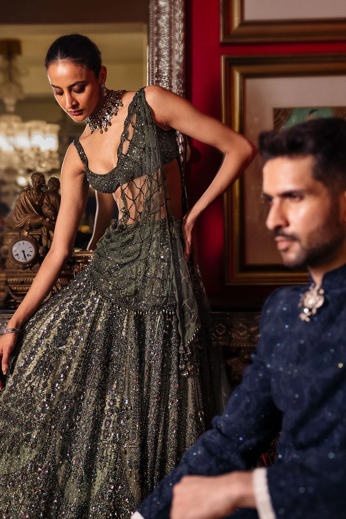 Dark Olive Sequinned Lehenga with Contemporary Blouse and Sheer Dupatta