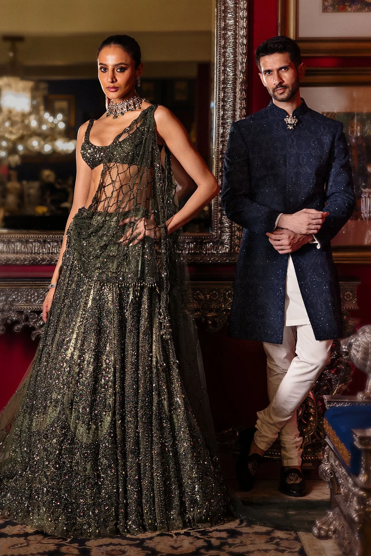Dark Olive Sequinned Lehenga with Contemporary Blouse and Sheer Dupatta