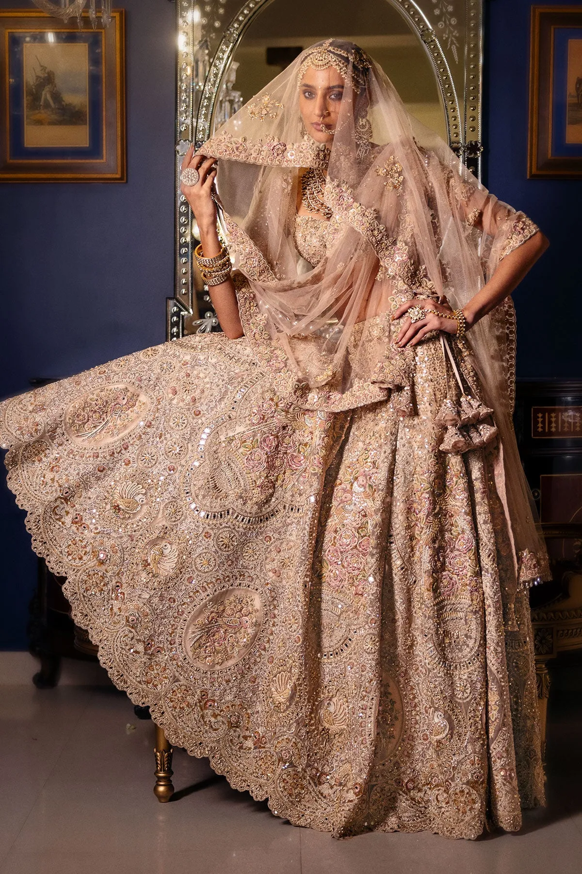 Antique Gold Bridal Lehenga with Intricate Zardozi and Resham Embroidery