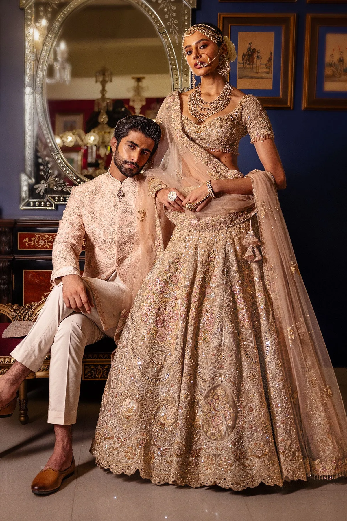 Antique Gold Bridal Lehenga with Intricate Zardozi and Resham Embroidery